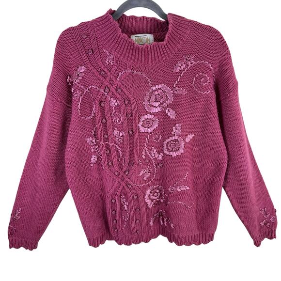 Ninon De Lenclos Vintage Pink Mock Neck Cable Knit Ribbon Embellished Sweater L - Picture 2 of 7